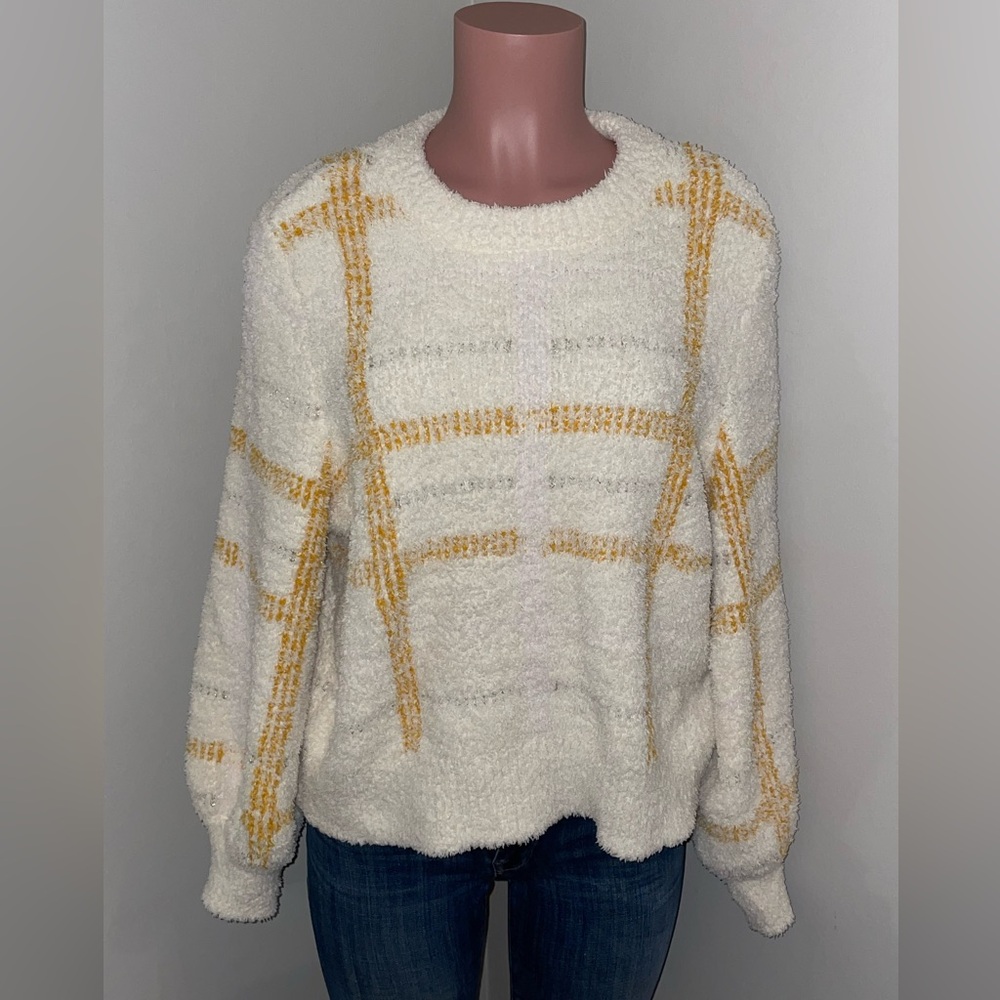 LC Lauren Conrad Soft Sherpa Cream Yellow Plaid sweater.